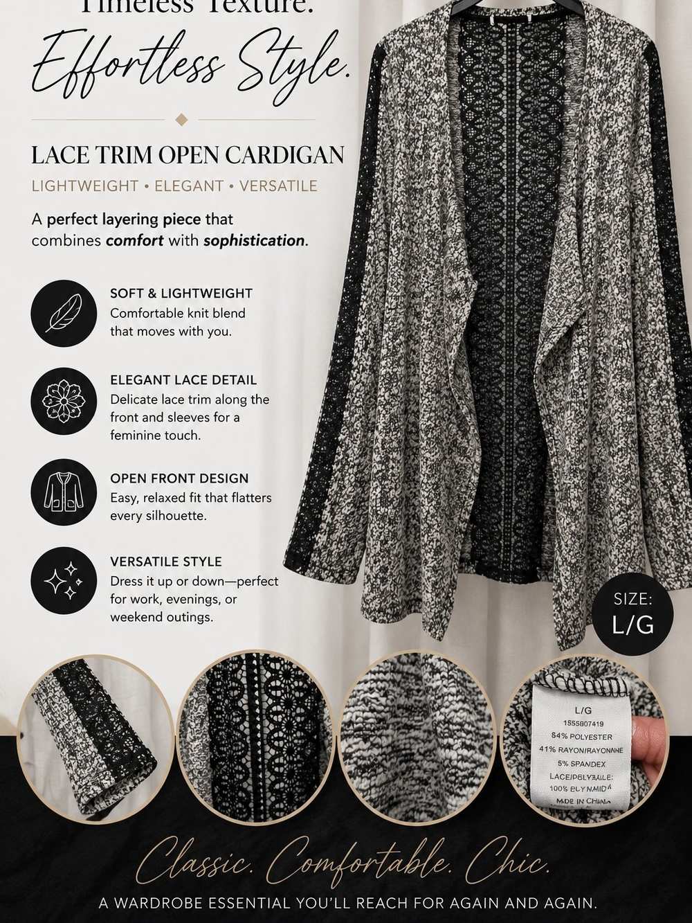 Lace Trim Open Cardigan - Black & White - L/G